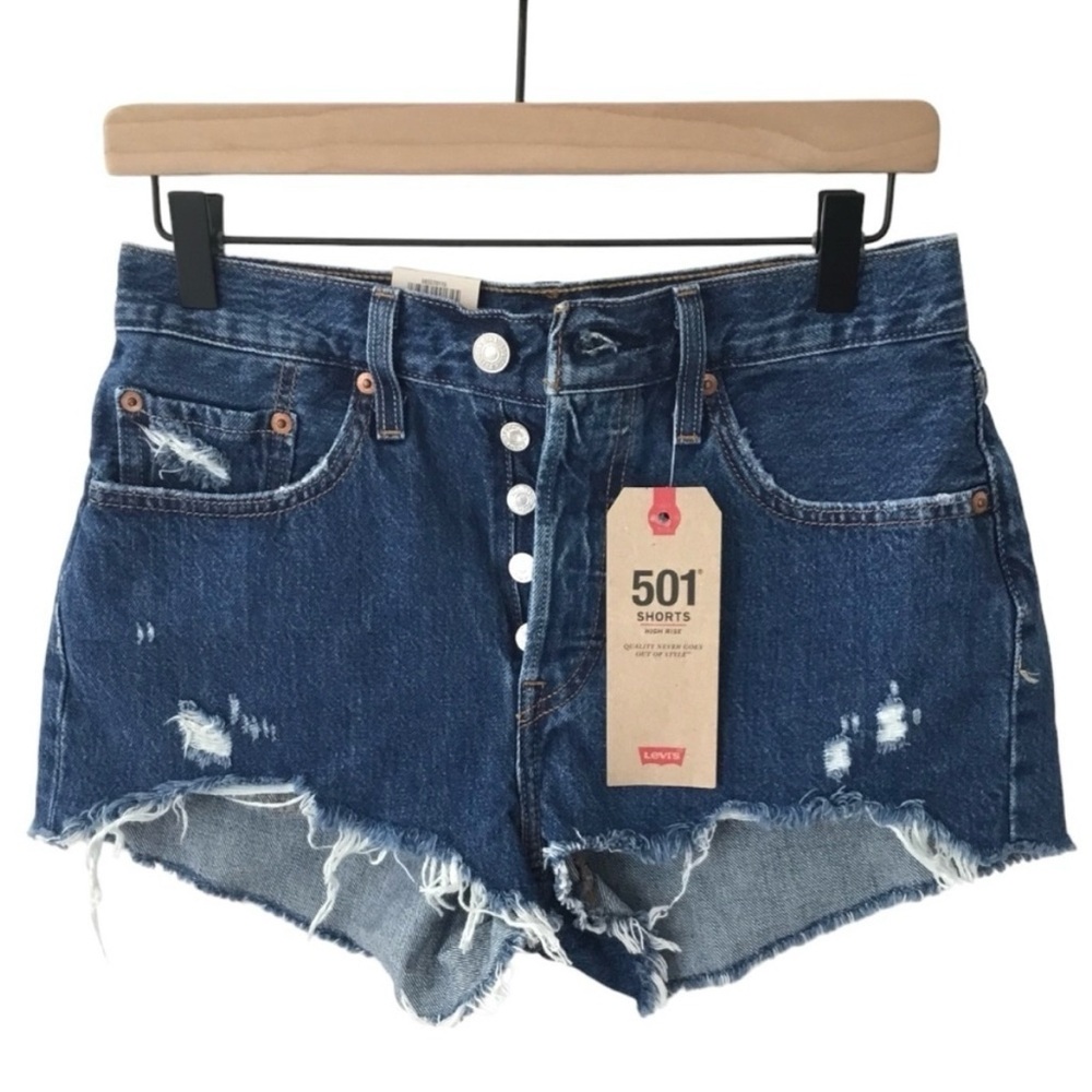 NWT Levi's 501 High Rise Button Fly Shorts Cutoff Raw Hem Distressed Dark Wash